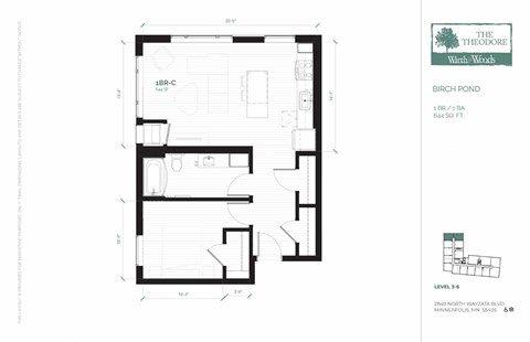 Floor plan for 1 bed, 1 bath, 644 sqft
